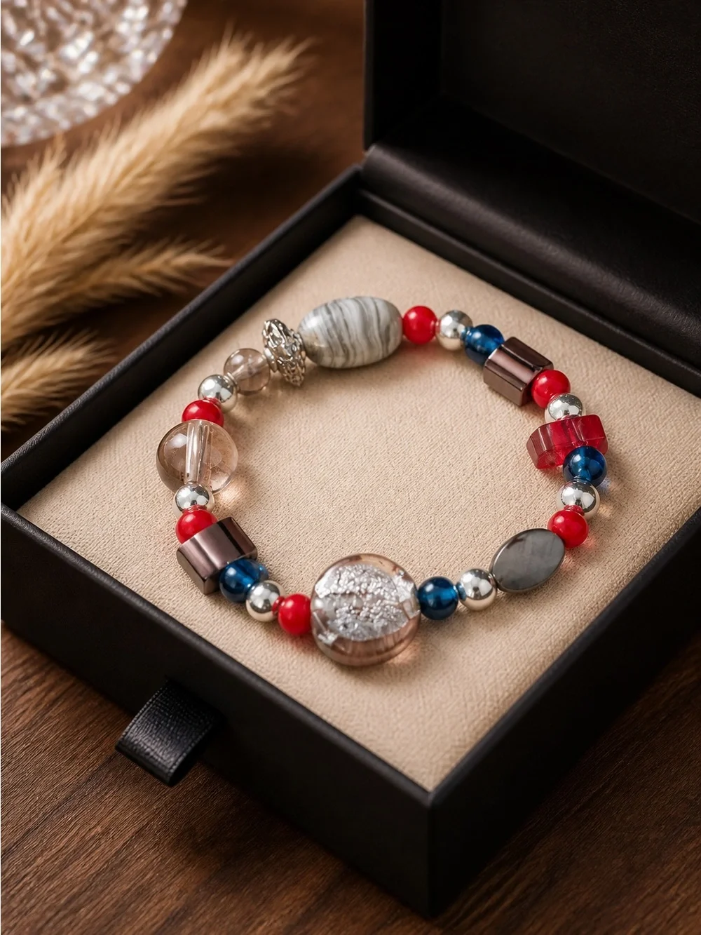 Handcrafted Multicolor Beaded Stretch Bracelet - Red, Blue & Silver